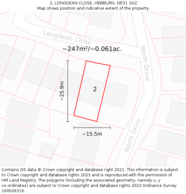 2, LONGDEAN CLOSE, HEBBURN, NE31 1NZ: Plot and title map