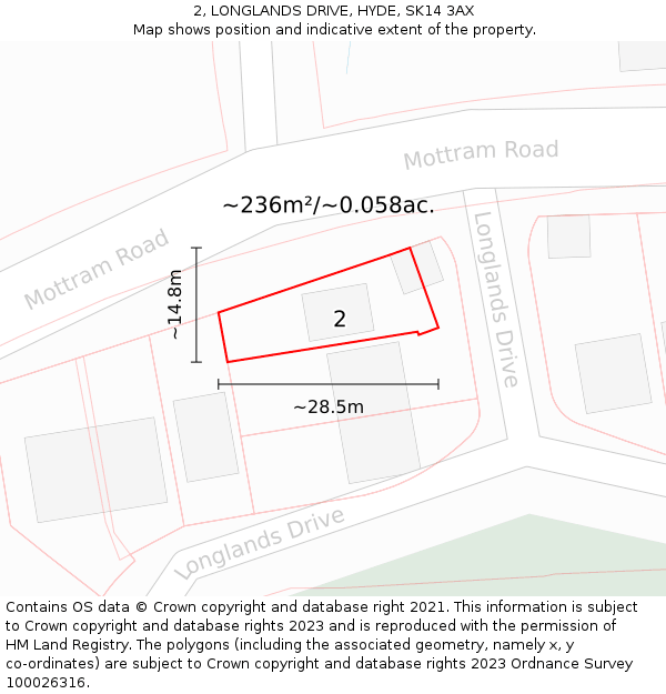 2, LONGLANDS DRIVE, HYDE, SK14 3AX: Plot and title map