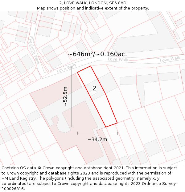 2, LOVE WALK, LONDON, SE5 8AD: Plot and title map