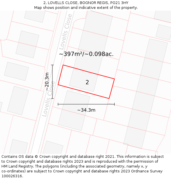 2, LOVELLS CLOSE, BOGNOR REGIS, PO21 3HY: Plot and title map