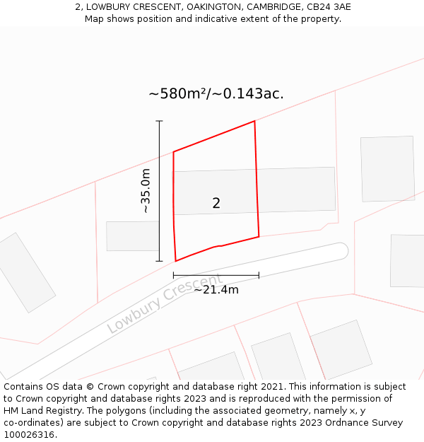 2, LOWBURY CRESCENT, OAKINGTON, CAMBRIDGE, CB24 3AE: Plot and title map