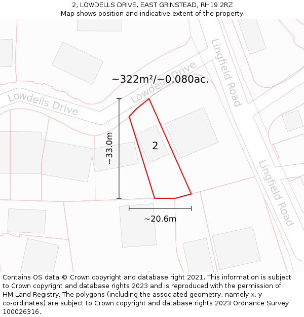 2, LOWDELLS DRIVE, EAST GRINSTEAD, RH19 2RZ: Plot and title map