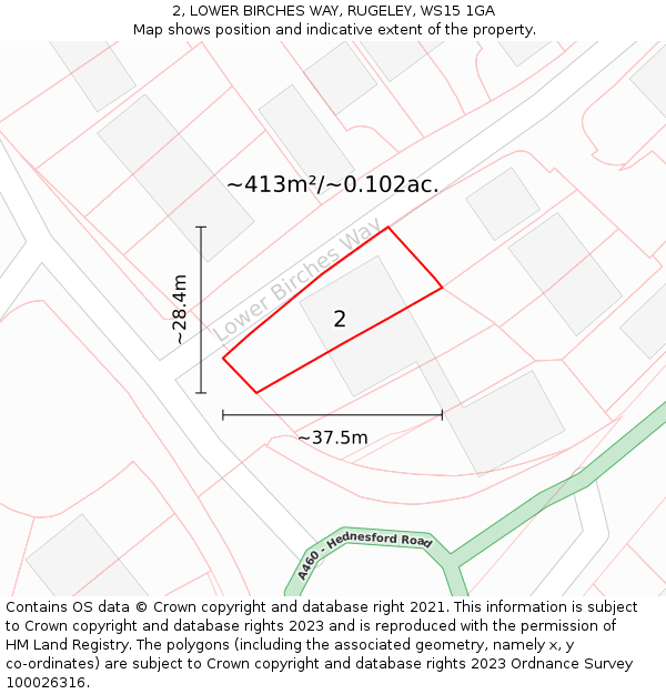 2, LOWER BIRCHES WAY, RUGELEY, WS15 1GA: Plot and title map