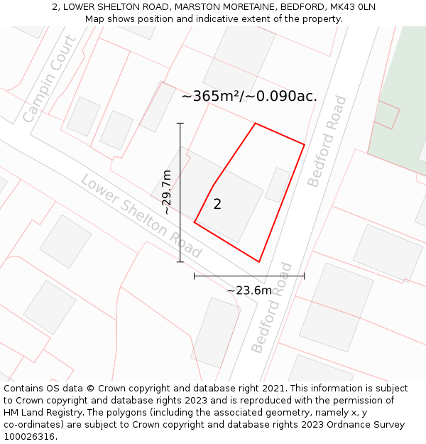 2, LOWER SHELTON ROAD, MARSTON MORETAINE, BEDFORD, MK43 0LN: Plot and title map