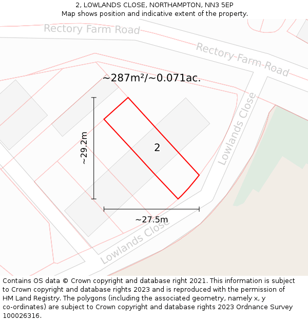 2, LOWLANDS CLOSE, NORTHAMPTON, NN3 5EP: Plot and title map