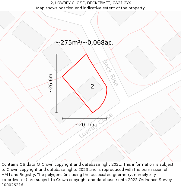 2, LOWREY CLOSE, BECKERMET, CA21 2YX: Plot and title map