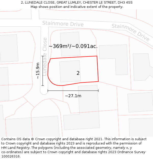 2, LUNEDALE CLOSE, GREAT LUMLEY, CHESTER LE STREET, DH3 4SS: Plot and title map