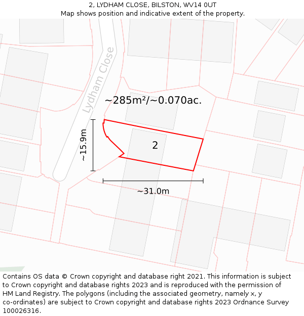 2, LYDHAM CLOSE, BILSTON, WV14 0UT: Plot and title map