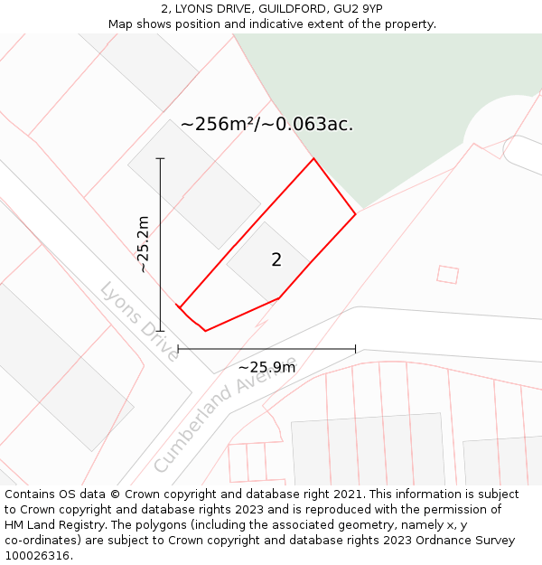2, LYONS DRIVE, GUILDFORD, GU2 9YP: Plot and title map