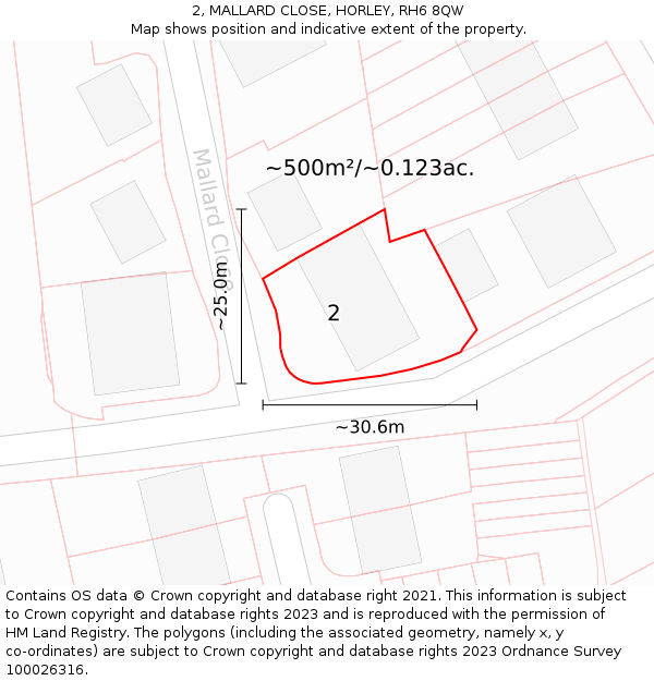 2, MALLARD CLOSE, HORLEY, RH6 8QW: Plot and title map