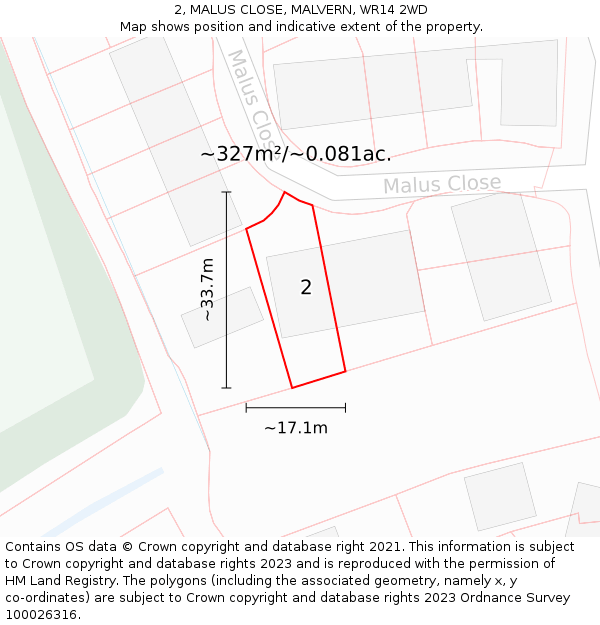 2, MALUS CLOSE, MALVERN, WR14 2WD: Plot and title map