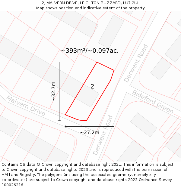 2, MALVERN DRIVE, LEIGHTON BUZZARD, LU7 2UH: Plot and title map