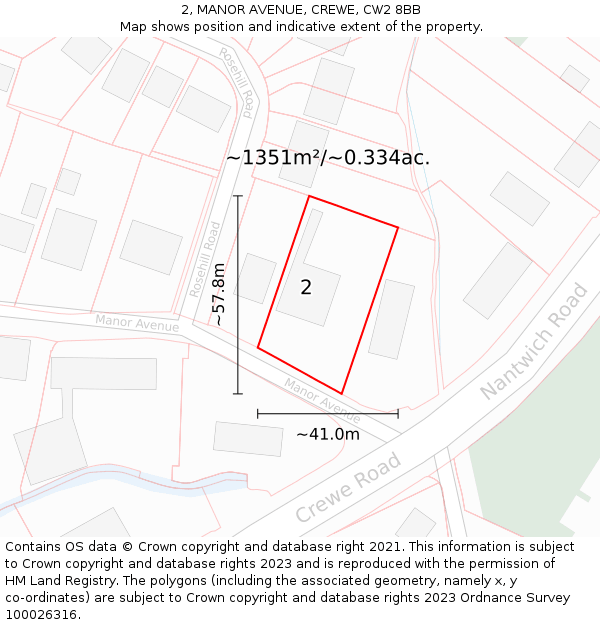 2, MANOR AVENUE, CREWE, CW2 8BB: Plot and title map