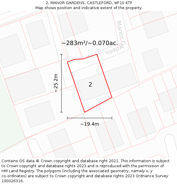 2, MANOR GARDENS, CASTLEFORD, WF10 4TP: Plot and title map