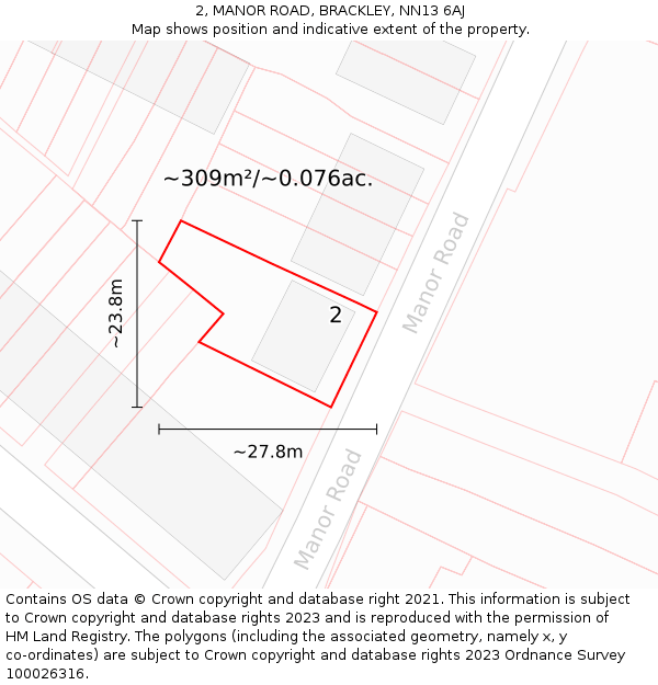 2, MANOR ROAD, BRACKLEY, NN13 6AJ: Plot and title map