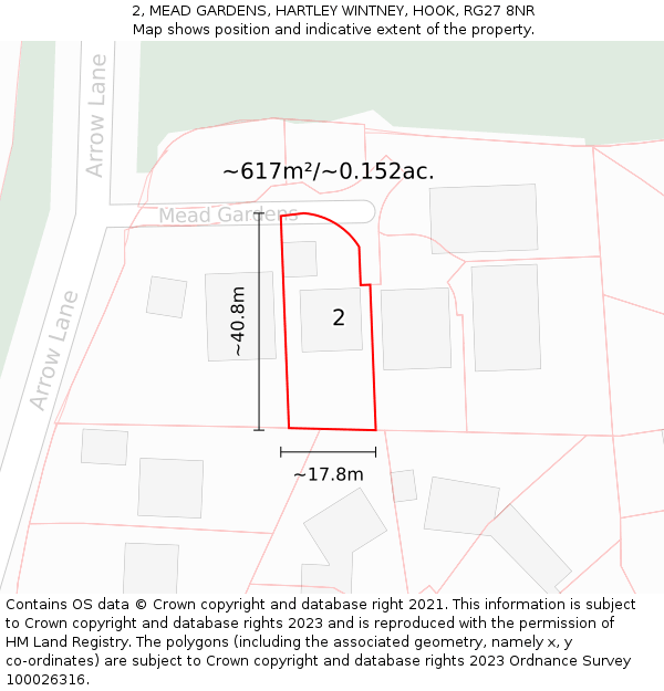 2, MEAD GARDENS, HARTLEY WINTNEY, HOOK, RG27 8NR: Plot and title map