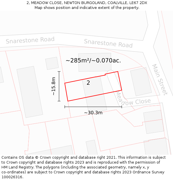 2, MEADOW CLOSE, NEWTON BURGOLAND, COALVILLE, LE67 2DX: Plot and title map