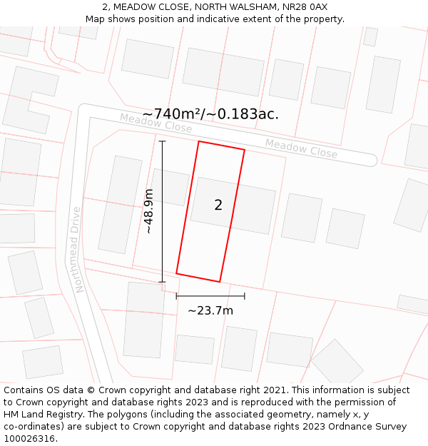 2, MEADOW CLOSE, NORTH WALSHAM, NR28 0AX: Plot and title map