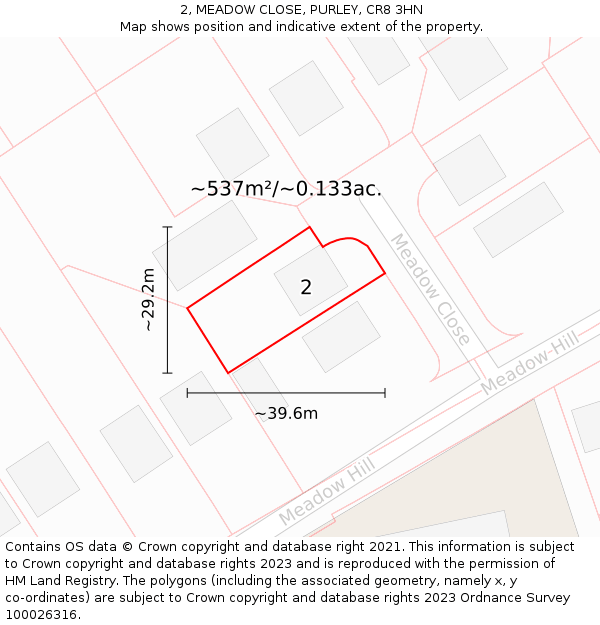 2, MEADOW CLOSE, PURLEY, CR8 3HN: Plot and title map