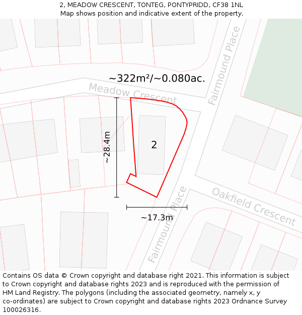 2, MEADOW CRESCENT, TONTEG, PONTYPRIDD, CF38 1NL: Plot and title map