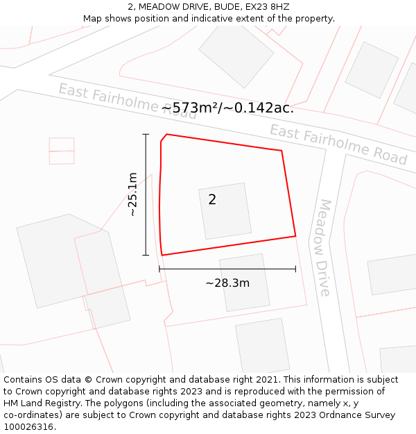 2, MEADOW DRIVE, BUDE, EX23 8HZ: Plot and title map