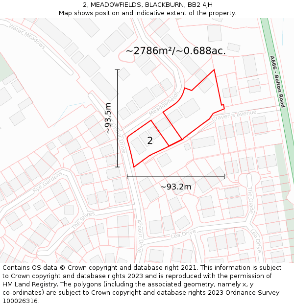 2, MEADOWFIELDS, BLACKBURN, BB2 4JH: Plot and title map