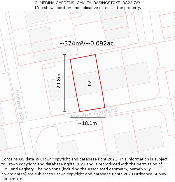 2, MEDINA GARDENS, OAKLEY, BASINGSTOKE, RG23 7AY: Plot and title map