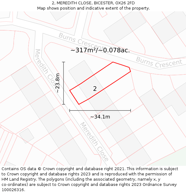 2, MEREDITH CLOSE, BICESTER, OX26 2FD: Plot and title map