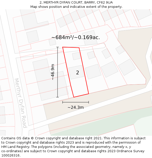 2, MERTHYR DYFAN COURT, BARRY, CF62 9UA: Plot and title map