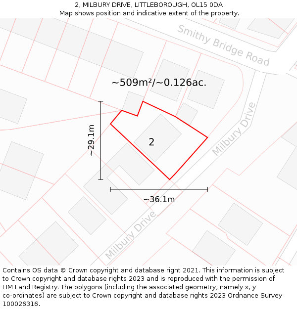 2, MILBURY DRIVE, LITTLEBOROUGH, OL15 0DA: Plot and title map