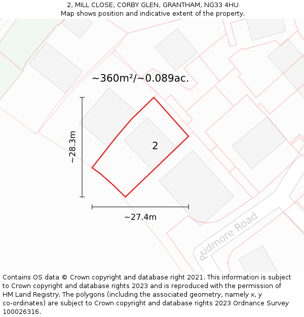 2, MILL CLOSE, CORBY GLEN, GRANTHAM, NG33 4HU: Plot and title map