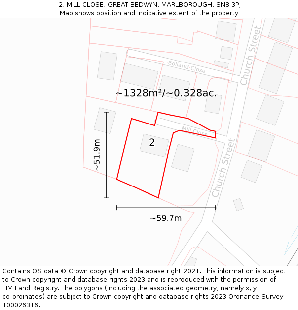 2, MILL CLOSE, GREAT BEDWYN, MARLBOROUGH, SN8 3PJ: Plot and title map