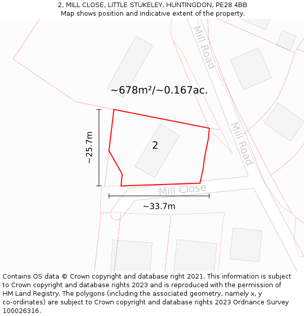 2, MILL CLOSE, LITTLE STUKELEY, HUNTINGDON, PE28 4BB: Plot and title map