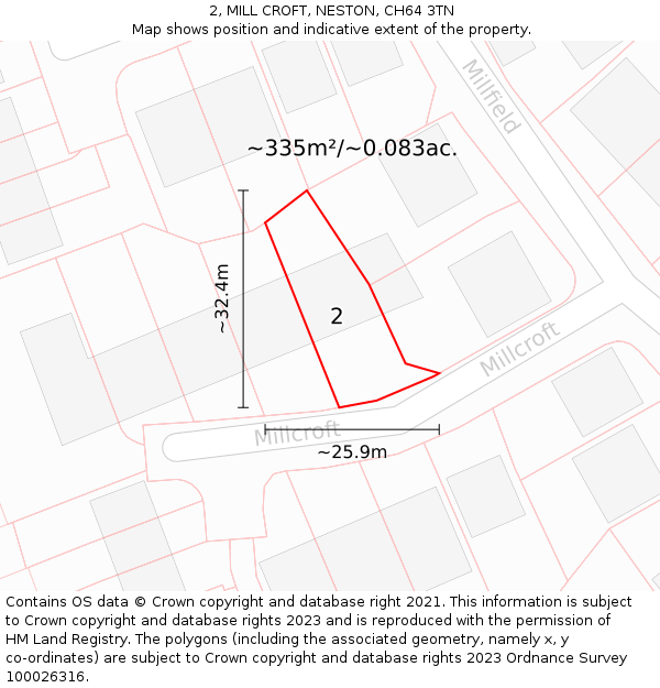 2, MILL CROFT, NESTON, CH64 3TN: Plot and title map