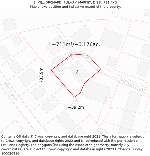 2, MILL ORCHARD, PULHAM MARKET, DISS, IP21 4XD: Plot and title map