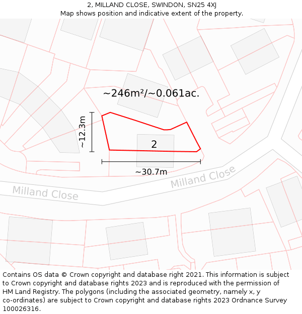 2, MILLAND CLOSE, SWINDON, SN25 4XJ: Plot and title map