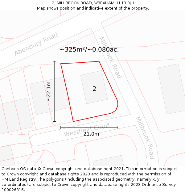 2, MILLBROOK ROAD, WREXHAM, LL13 8JH: Plot and title map