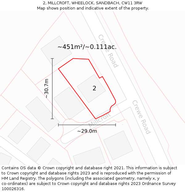 2, MILLCROFT, WHEELOCK, SANDBACH, CW11 3RW: Plot and title map