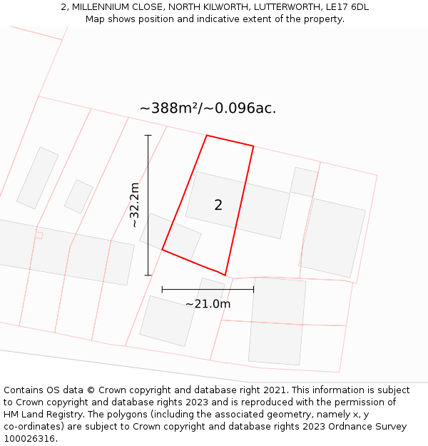 2, MILLENNIUM CLOSE, NORTH KILWORTH, LUTTERWORTH, LE17 6DL: Plot and title map