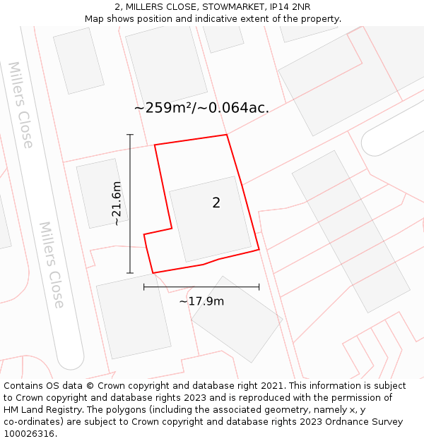 2, MILLERS CLOSE, STOWMARKET, IP14 2NR: Plot and title map