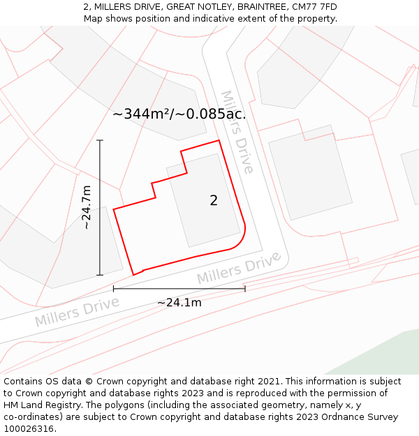 2, MILLERS DRIVE, GREAT NOTLEY, BRAINTREE, CM77 7FD: Plot and title map