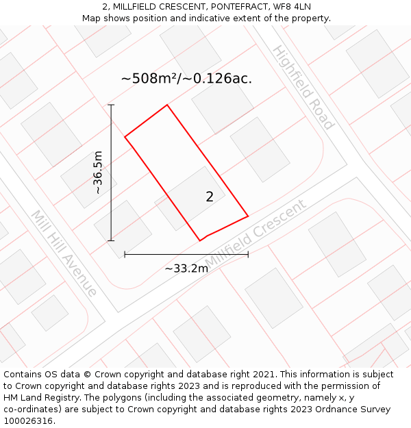 2, MILLFIELD CRESCENT, PONTEFRACT, WF8 4LN: Plot and title map