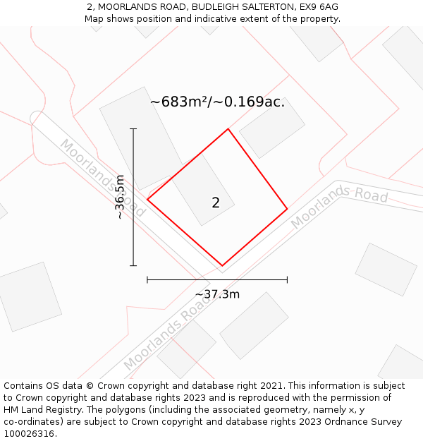 2, MOORLANDS ROAD, BUDLEIGH SALTERTON, EX9 6AG: Plot and title map