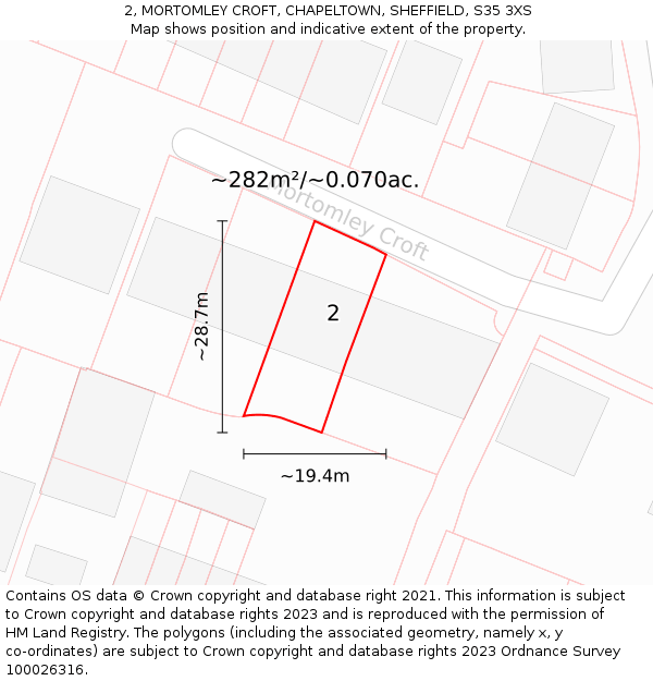 2, MORTOMLEY CROFT, CHAPELTOWN, SHEFFIELD, S35 3XS: Plot and title map