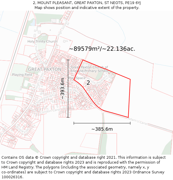 2, MOUNT PLEASANT, GREAT PAXTON, ST NEOTS, PE19 6YJ: Plot and title map