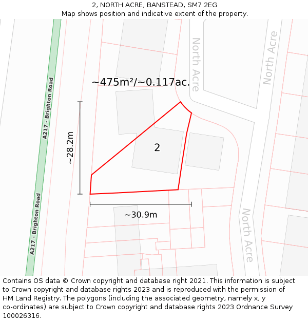 2, NORTH ACRE, BANSTEAD, SM7 2EG: Plot and title map