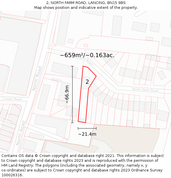 2, NORTH FARM ROAD, LANCING, BN15 9BS: Plot and title map