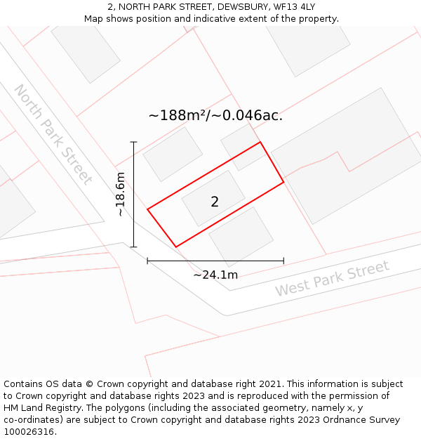 2, NORTH PARK STREET, DEWSBURY, WF13 4LY: Plot and title map