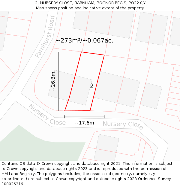 2, NURSERY CLOSE, BARNHAM, BOGNOR REGIS, PO22 0JY: Plot and title map