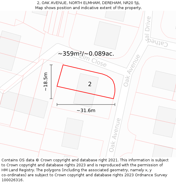 2, OAK AVENUE, NORTH ELMHAM, DEREHAM, NR20 5JL: Plot and title map